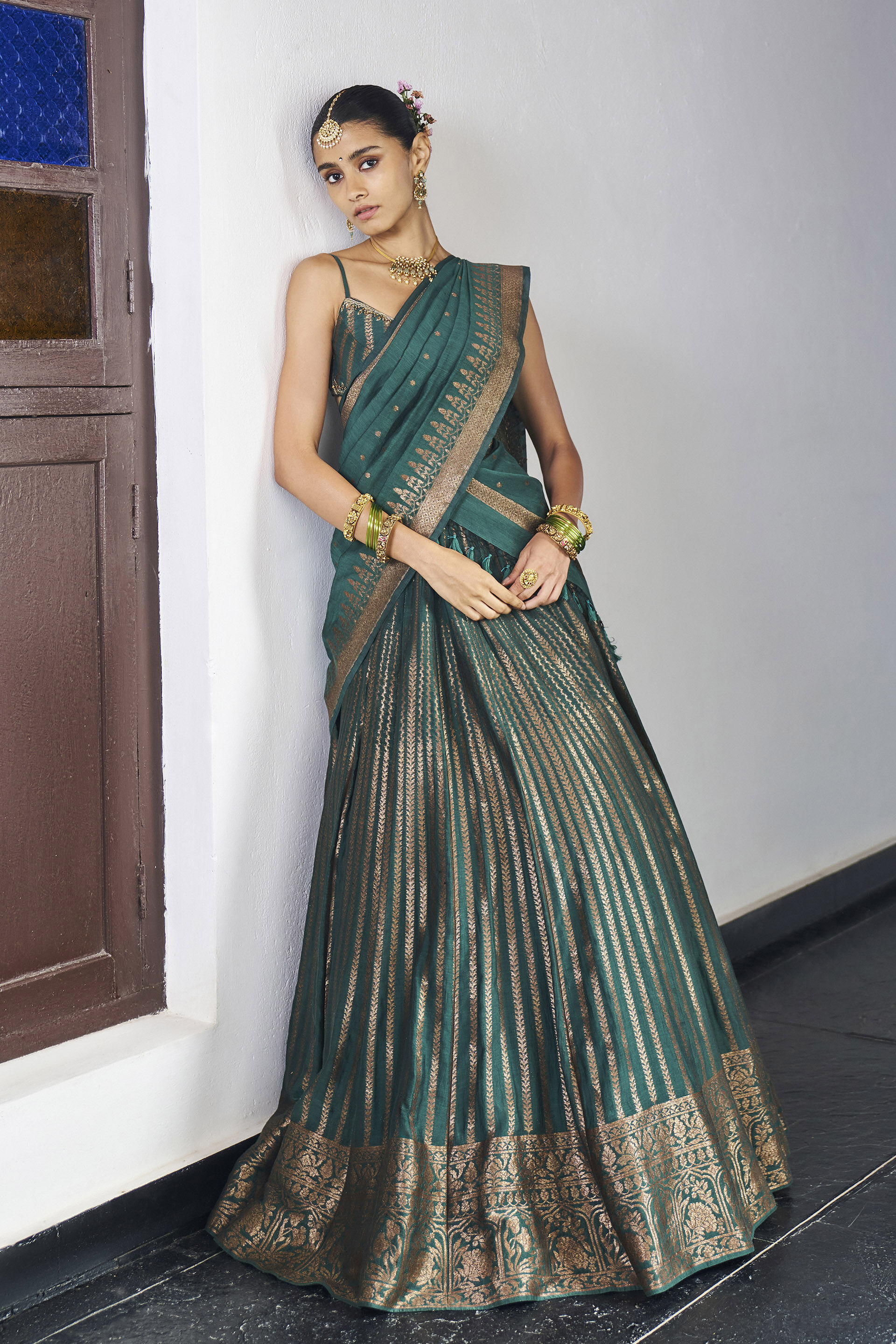 Anuraaga Benarasi Mul Lehenga&nbsp;Set - Green